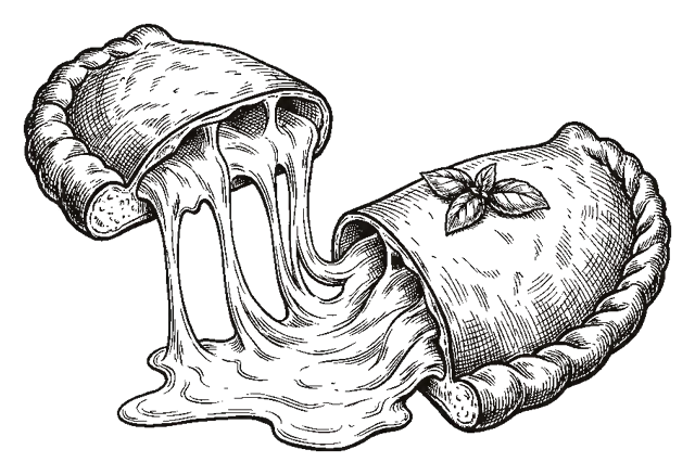 Ilustración: calzone recién abierta con queso fundido