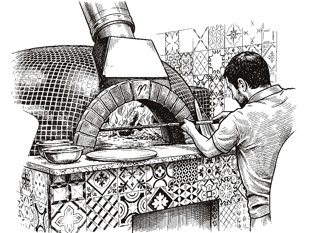 Ilustración: Jorge sacando una pizza del horno de leña de Pizzería El Verdi